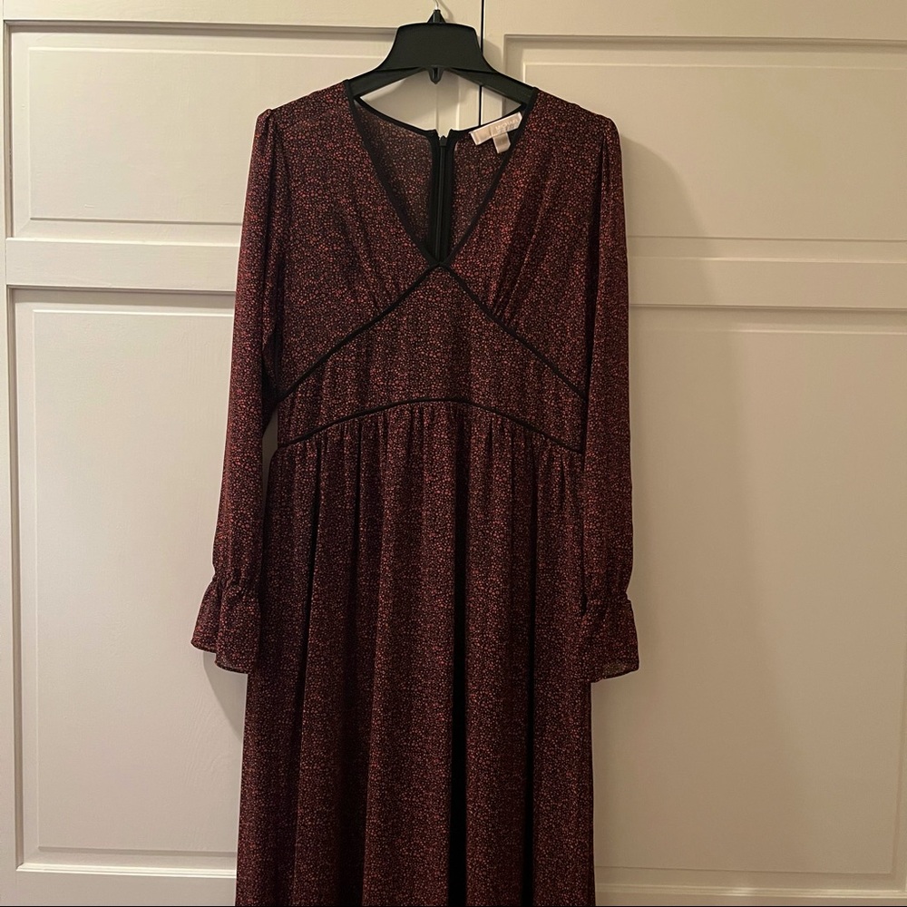 Burgundy floral chiffon Michael Kors long sleeve dress - Picture 2 of 10